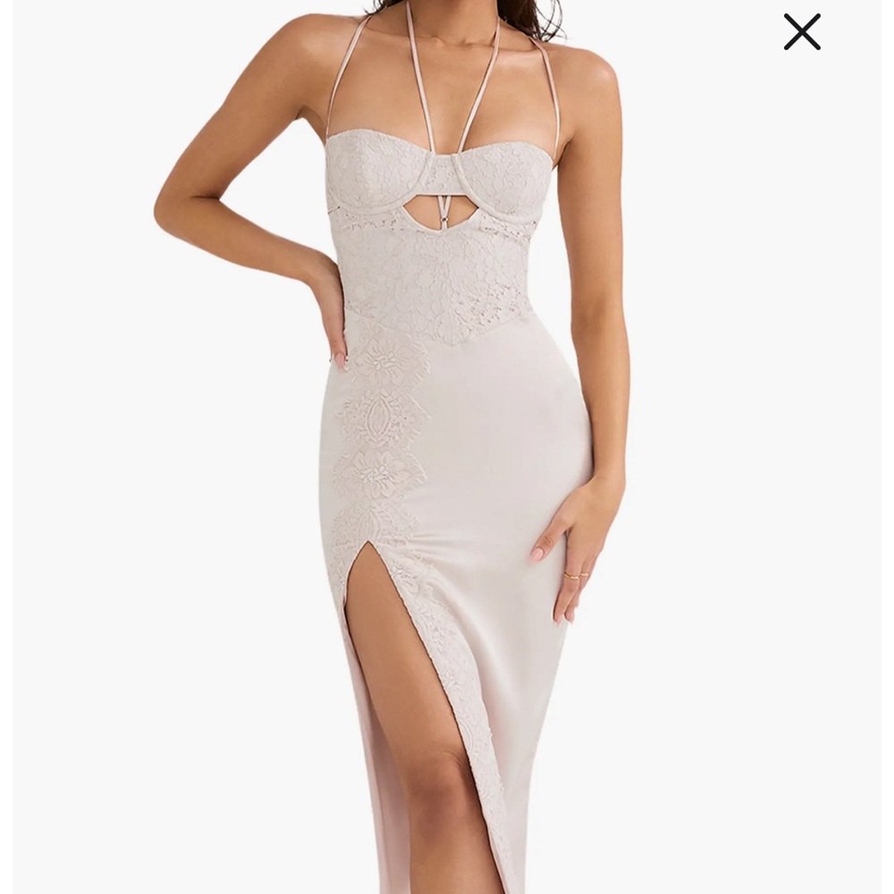 HOUSE OF CB 'Georgia' Crystal Satin and Lace Midi Dress cutout Size M